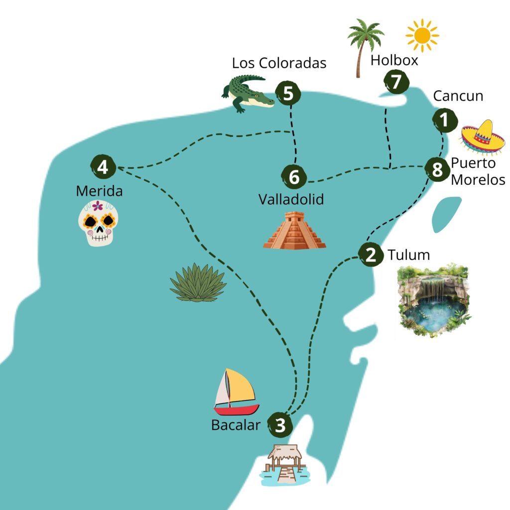 Karte von Mexiko und der Yucatán-Halbinsel mit Reiseroute und Highlights