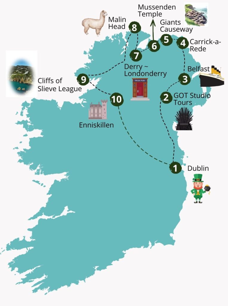 Karte der Nordirland Rundreise mit Route und Highlights entlang der Küste