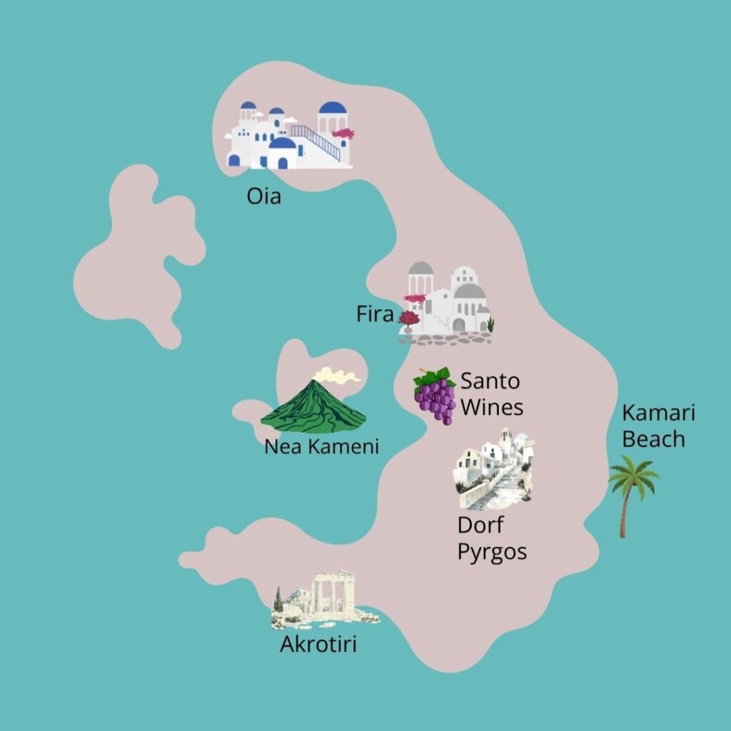 Karte von Santorini mit den wichtigsten Sehenswürdigkeiten und Highlights der Insel