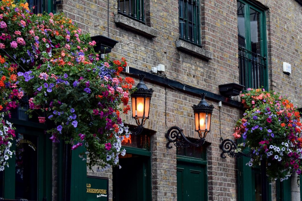 Blumengeschmückte Häuserfassaden und typische Straßen in Dublin