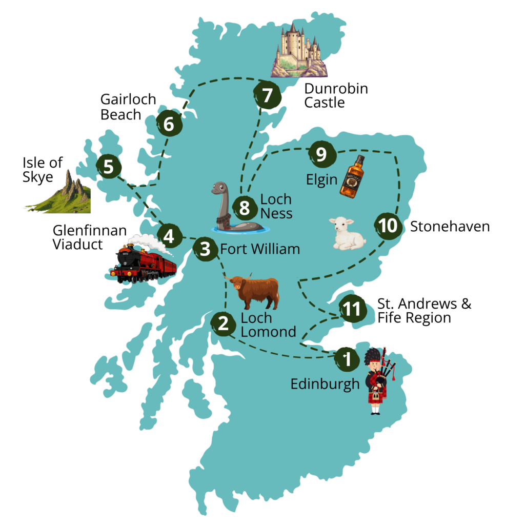 Das Bildzeigt eine Karte von Schottland mit der vorgeschlagenen Reiseroute